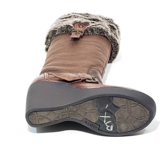 Aldo Tall Wedge Fur Boots Brown Leather Buckle - Picture 5 of 8